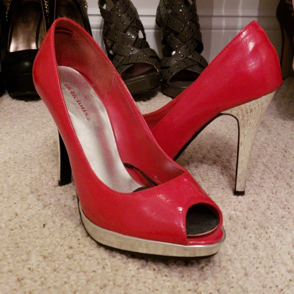 Delicious candy apple red and silver high heels